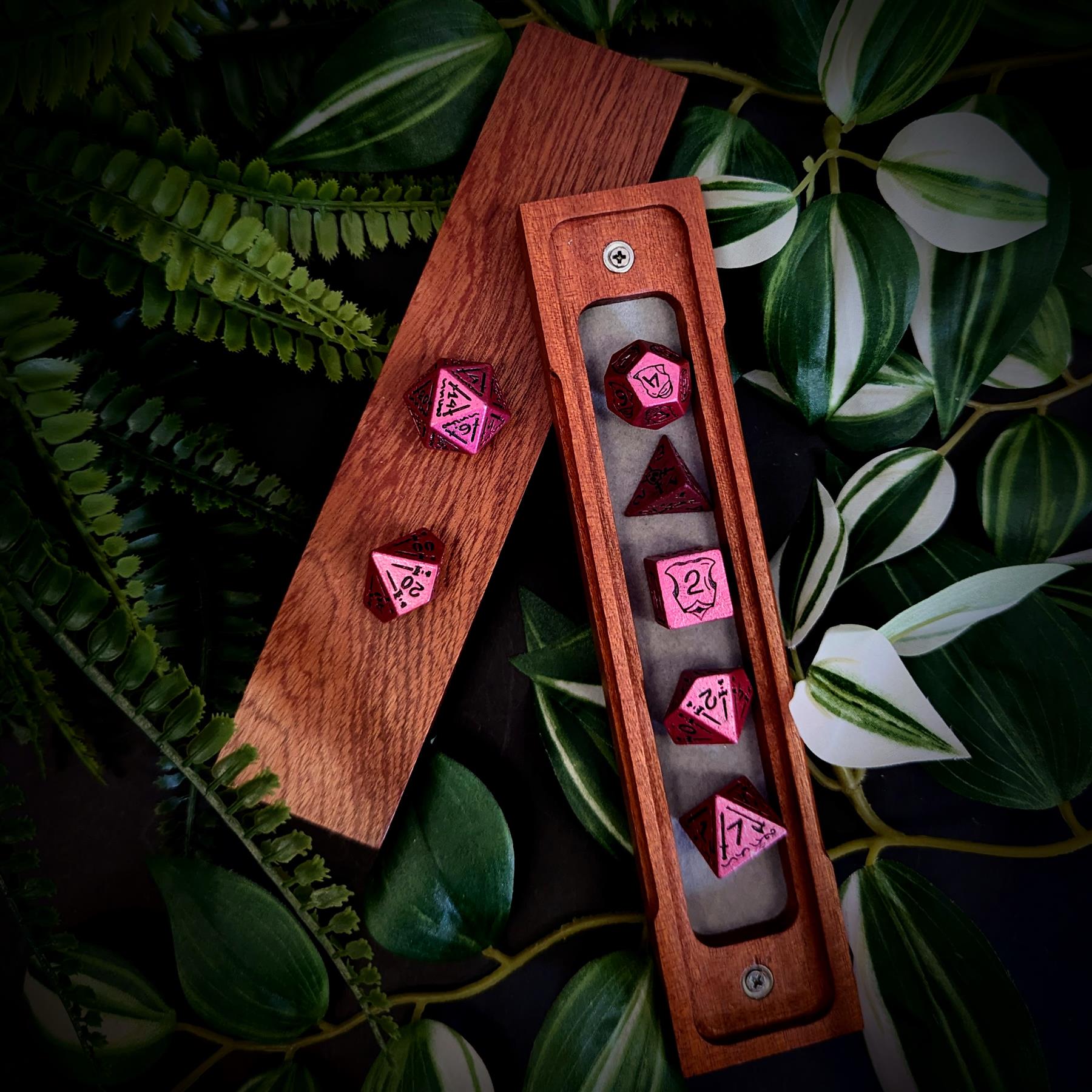 7pcs RPG Full Dice Set - Black Pattern on Pink Resin