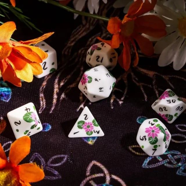Handmande Pink Flowers on White Resin -  7pcs RPG Dice Set