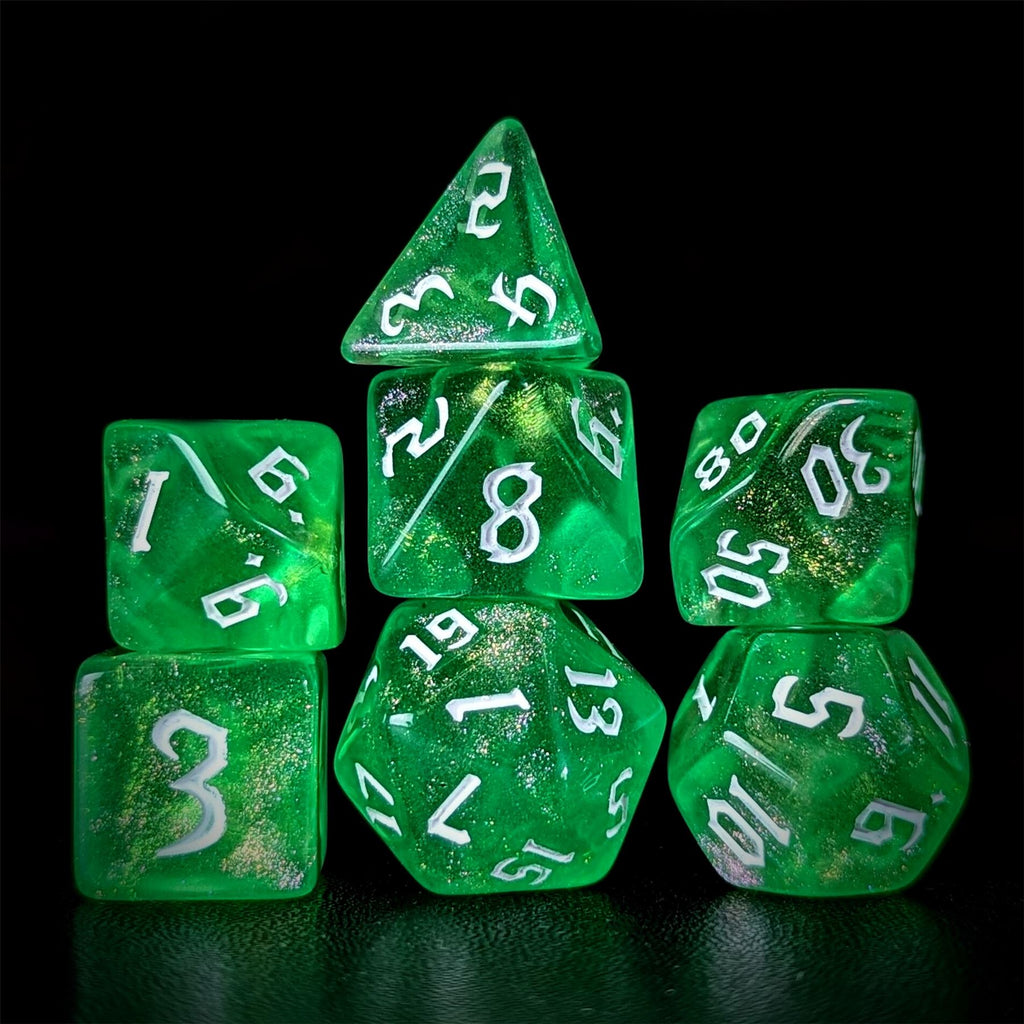 Glitter in Green Acrylic - 7pcs RPG Full Dice Set