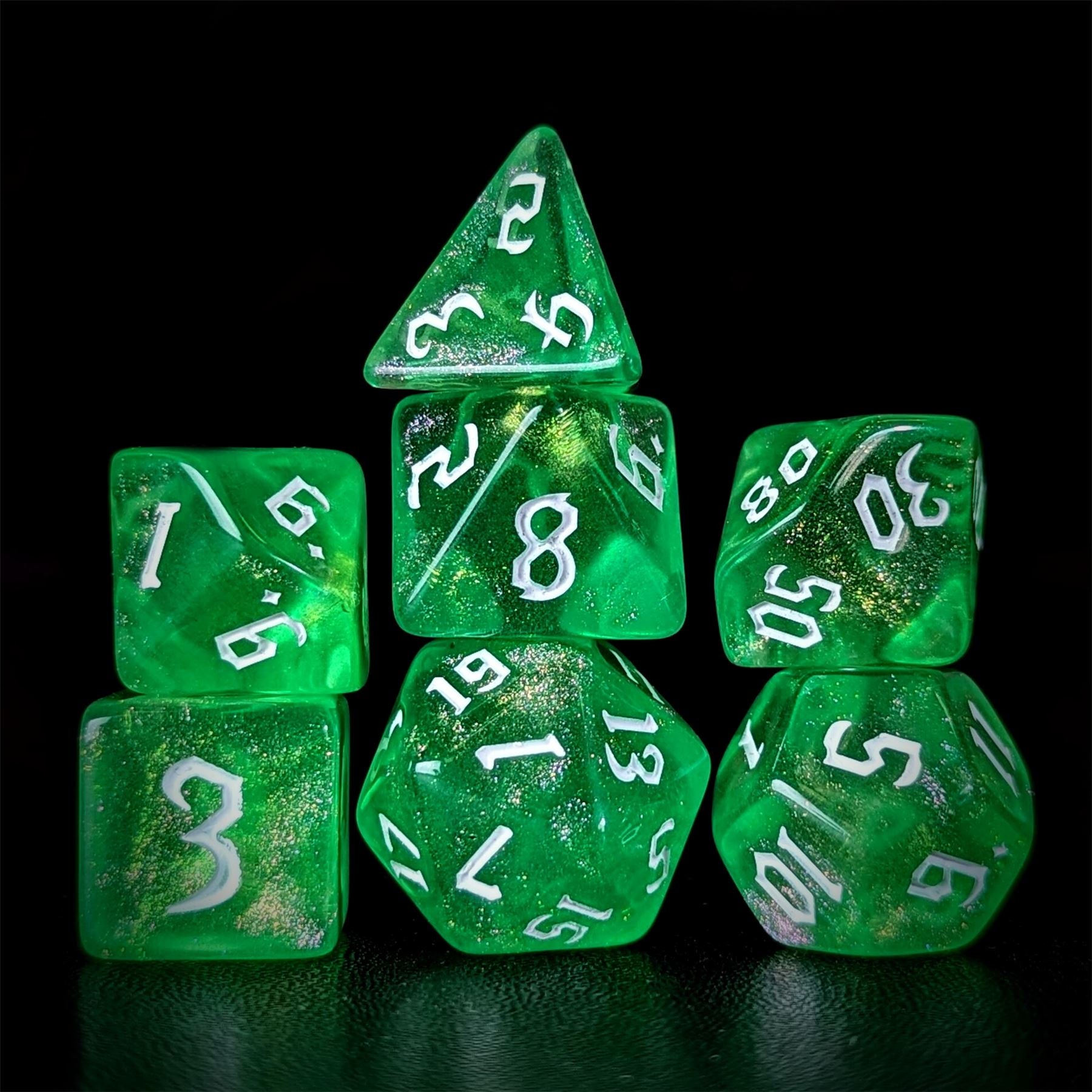 Glitter in Green Acrylic - 7pcs RPG Full Dice Set