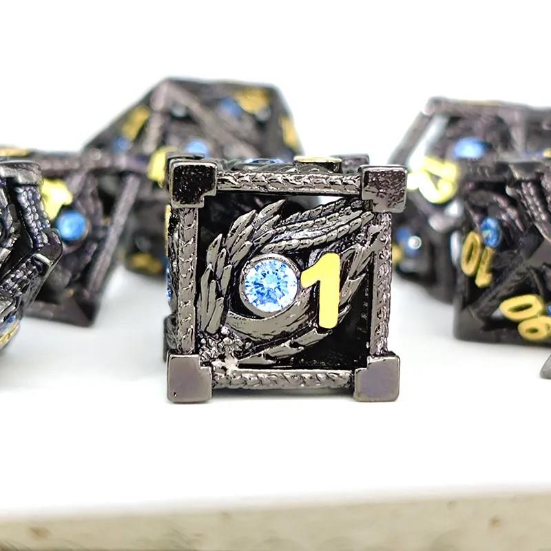 7pcs Dice Metal Hollow Dragon Blue Eye Gold Font Nickel