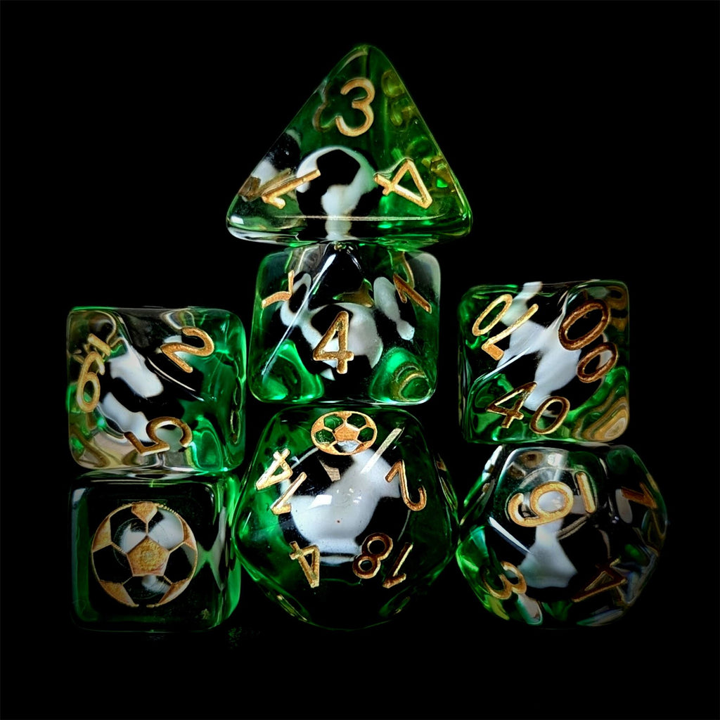 Black & White Football in Clear & Green Resin - 7pcs RPG Full Dice Set