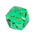 D20 30mm Dice Gem Glass Facet Gold Font Green