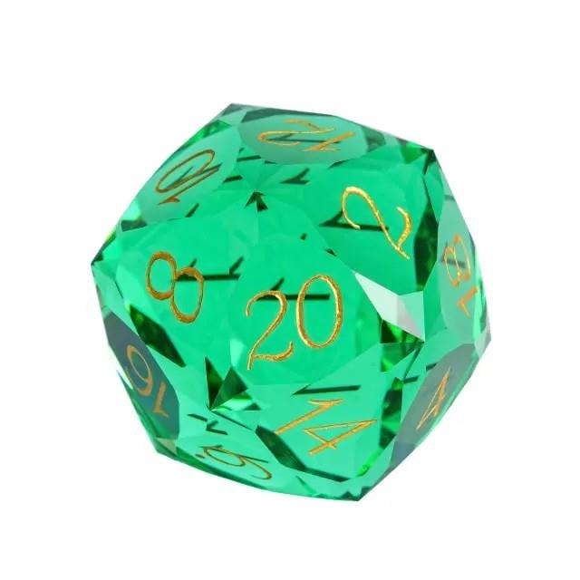 D20 30mm Dice Gem Glass Facet Gold Font Green