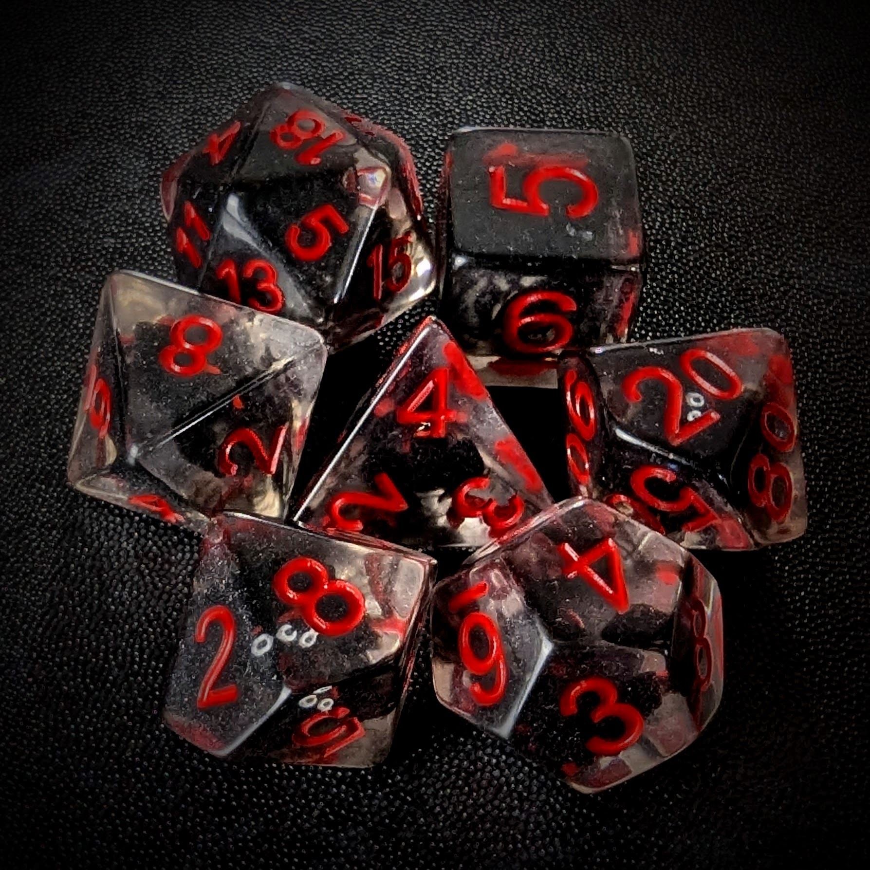 Vampire Bat in Clear & Black Resin - 7pcs RPG Full Dice Set