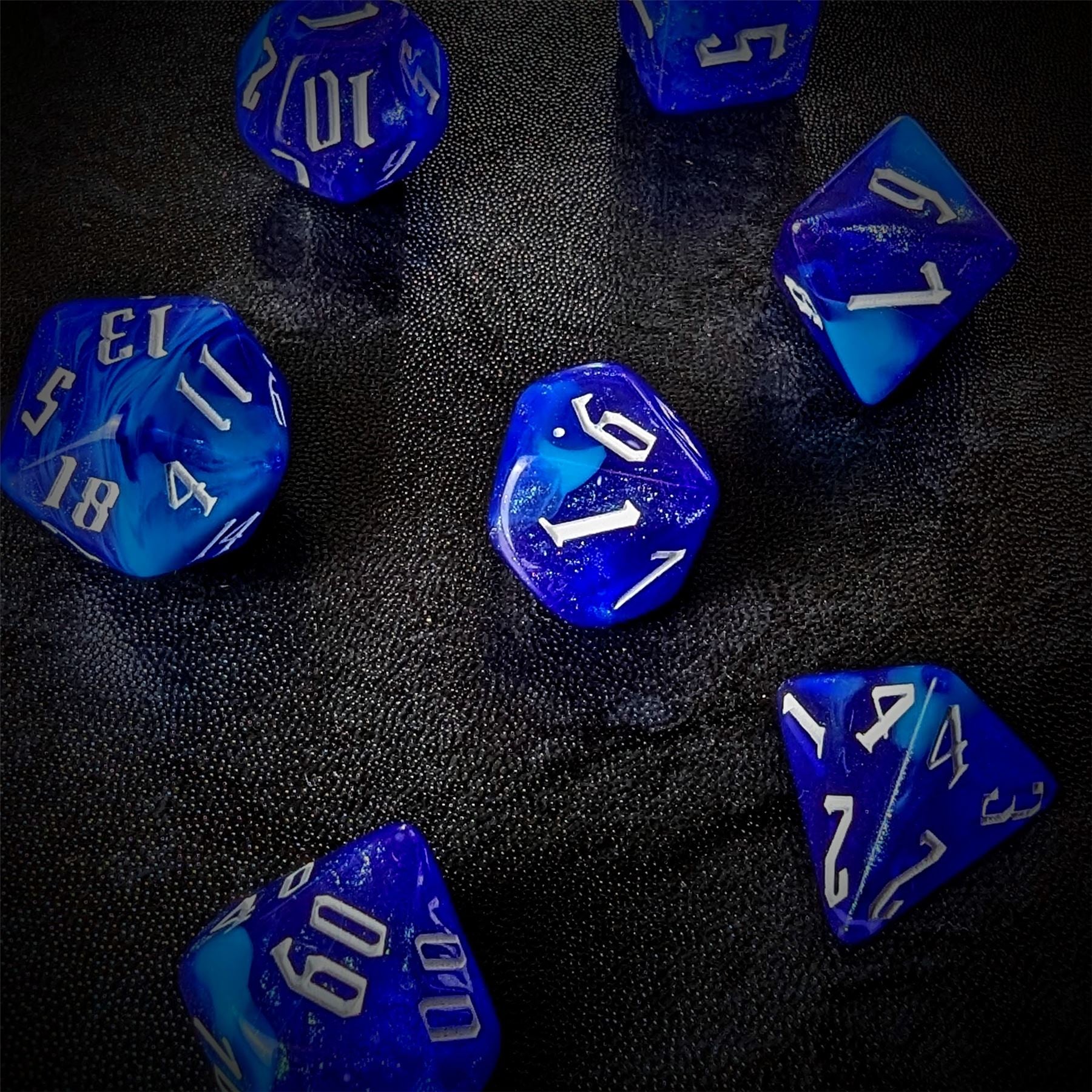 Glitter in Royal Blue & White Acrylic - 7pcs RPG Full Dice Set