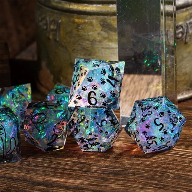 Cats on Grey with Candy Sharp Resin - 7pcs RPG Dice Set