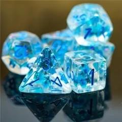 Blue Flowers in Clear Resin - 7pcs RPG Full Dice Set