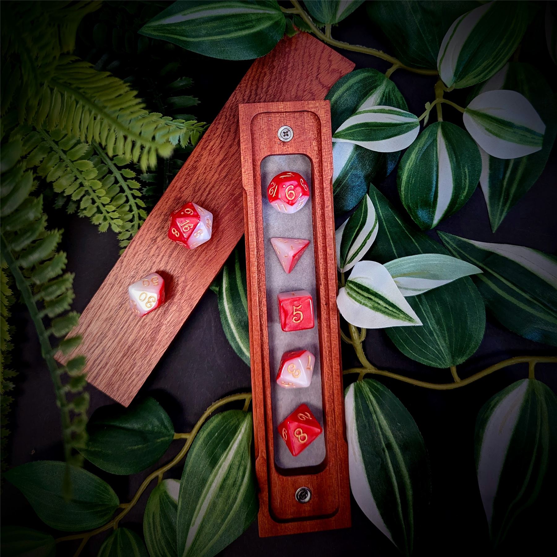 Blend of Red & White Acrylic - 7pcs RPG Full Dice Set