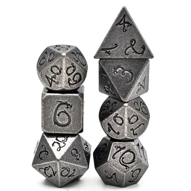 Silver Metal with Black Dragon Font - 7pcs RPG Dice Set
