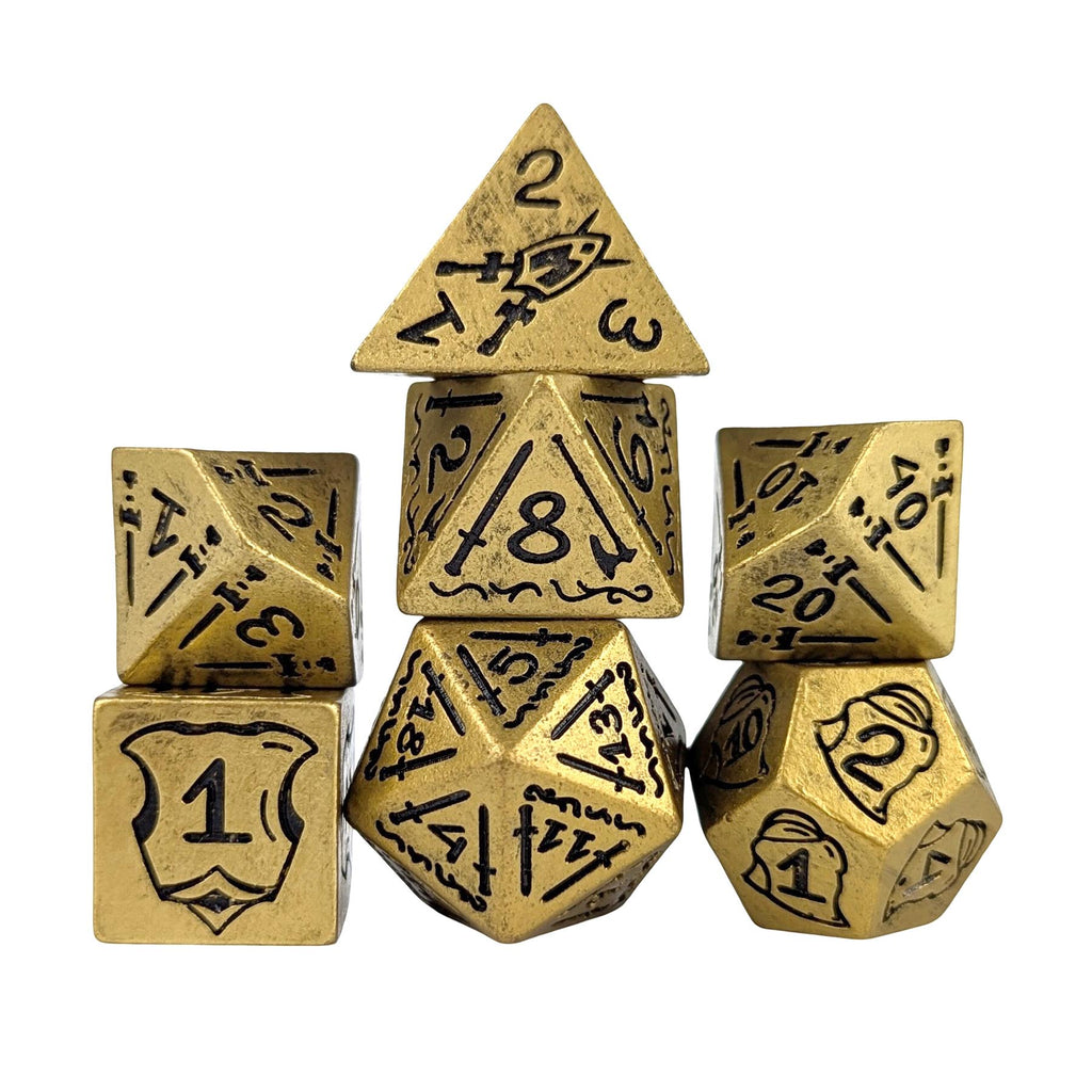 7pcs RPG Full Dice Set - Black Pattern on Gold Resin