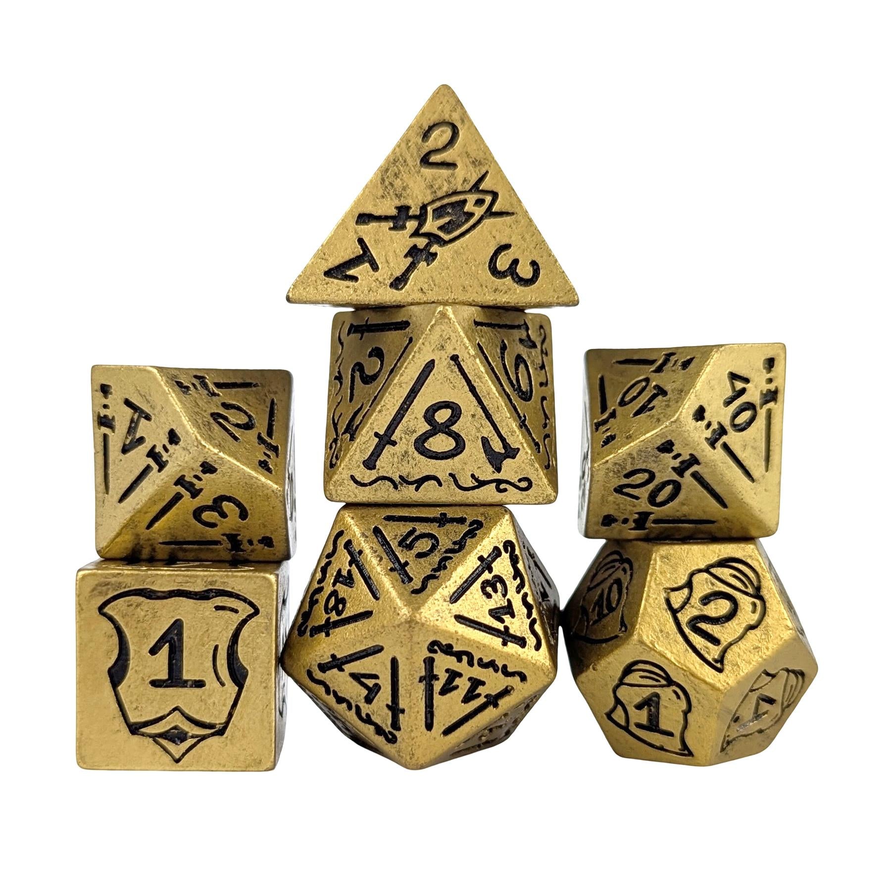 7pcs RPG Full Dice Set - Black Pattern on Gold Resin