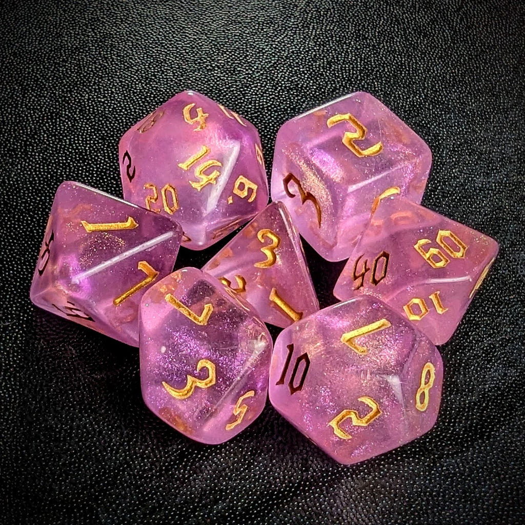 Glitter in Clear Pink Acrylic - 7pcs RPG Full Dice Set