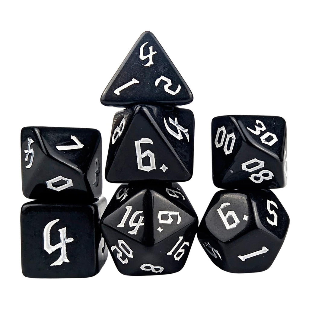 White on Solid Black Acrylic - 7pcs RPG Full Dice Set