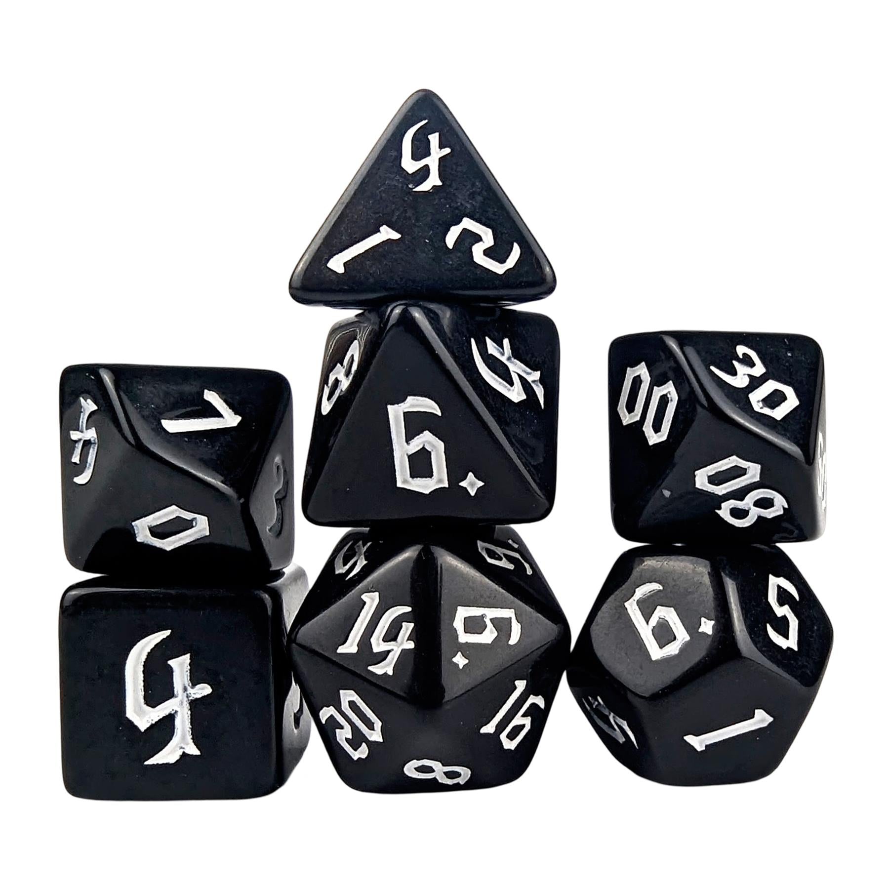 White on Solid Black Acrylic - 7pcs RPG Full Dice Set