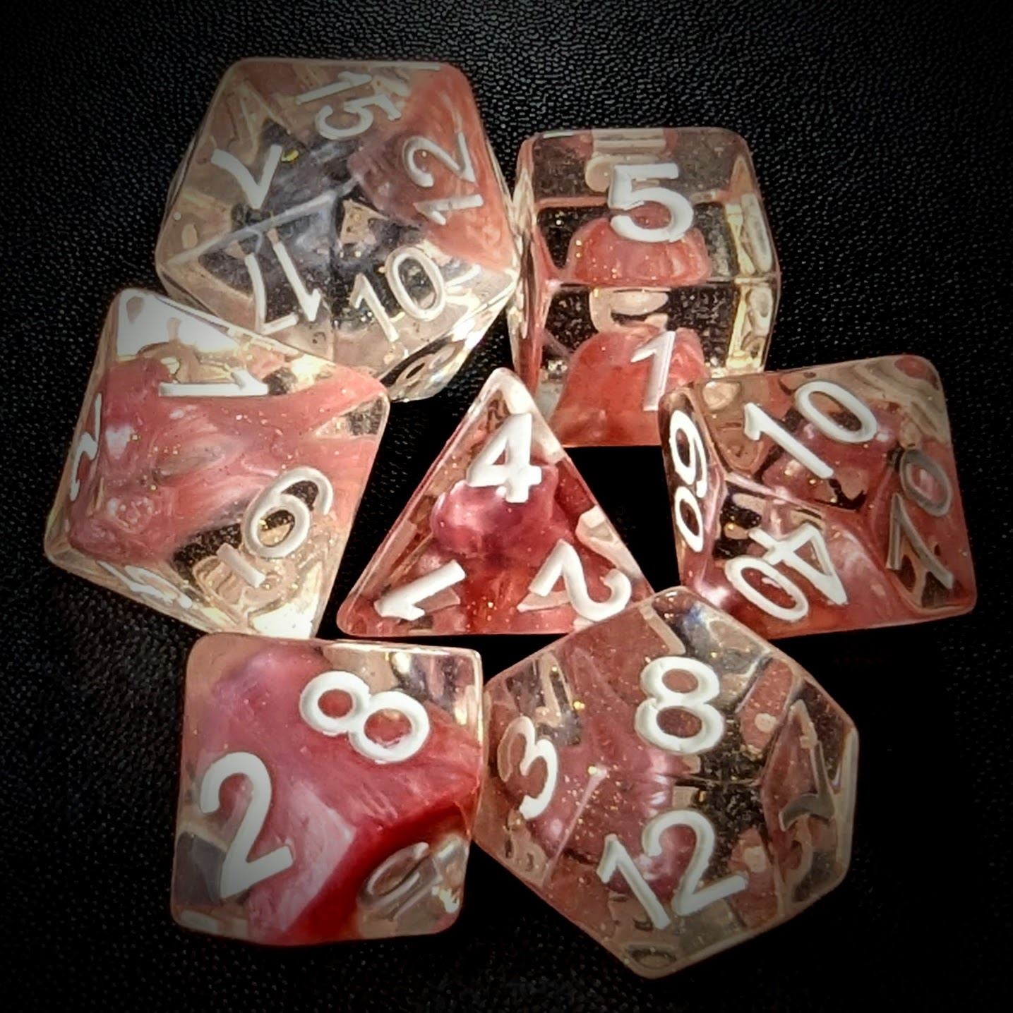 Pink Swirl in Clear Resin - 7pcs RPG Full Dice Set