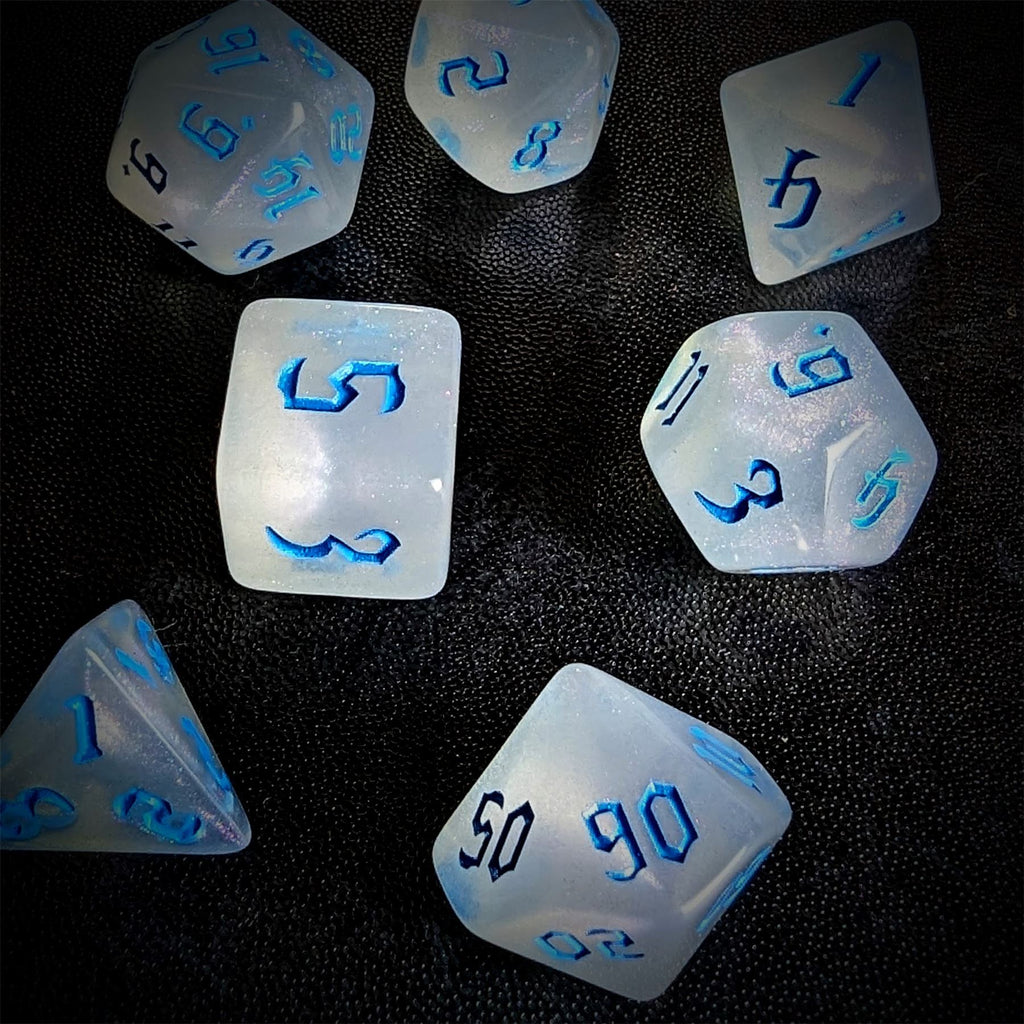 Glitter in White Acrylic with Blue Font - 7pcs RPG Full Dice Set