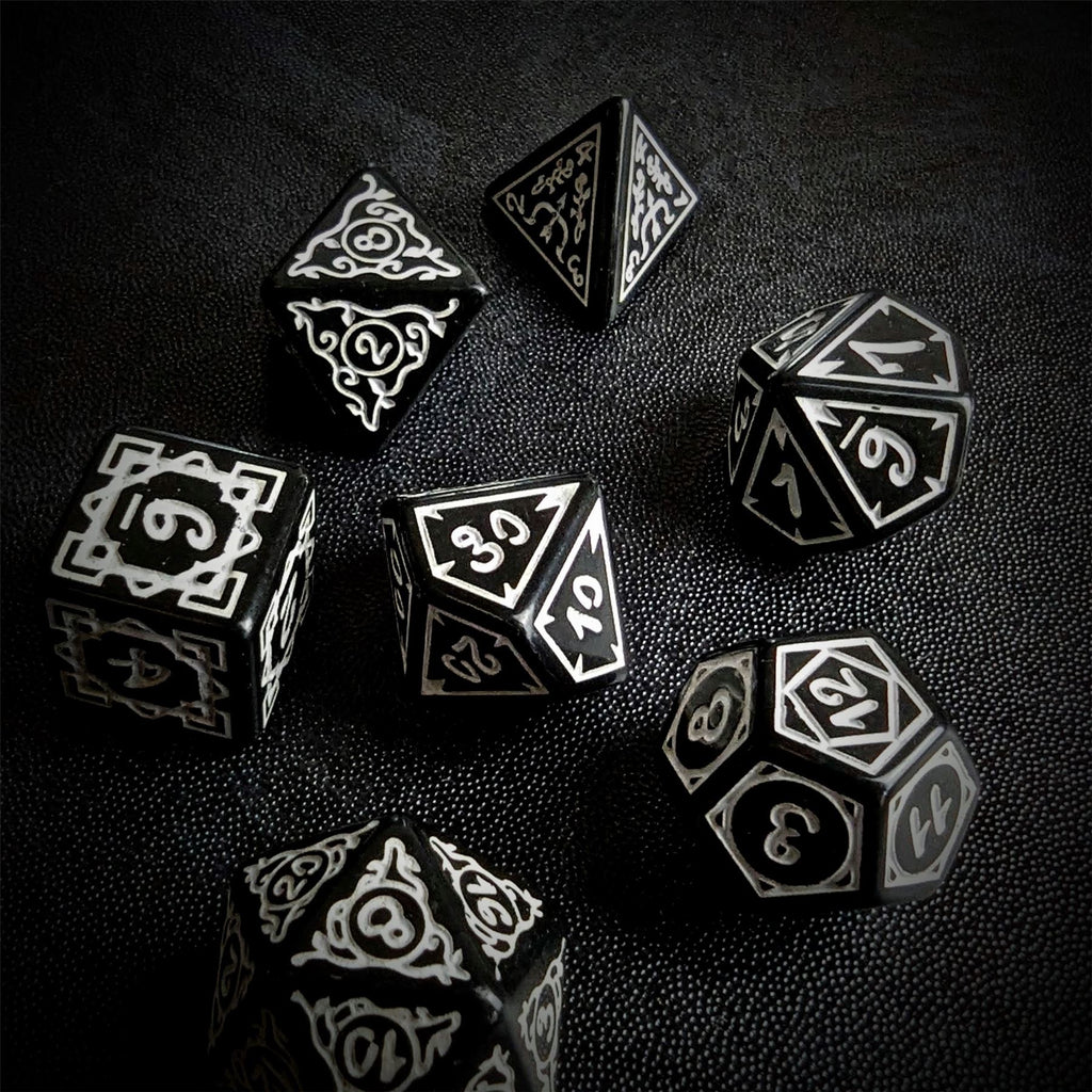 White Vines on Black Acrylic - 7pcs RPG Full Dice Set
