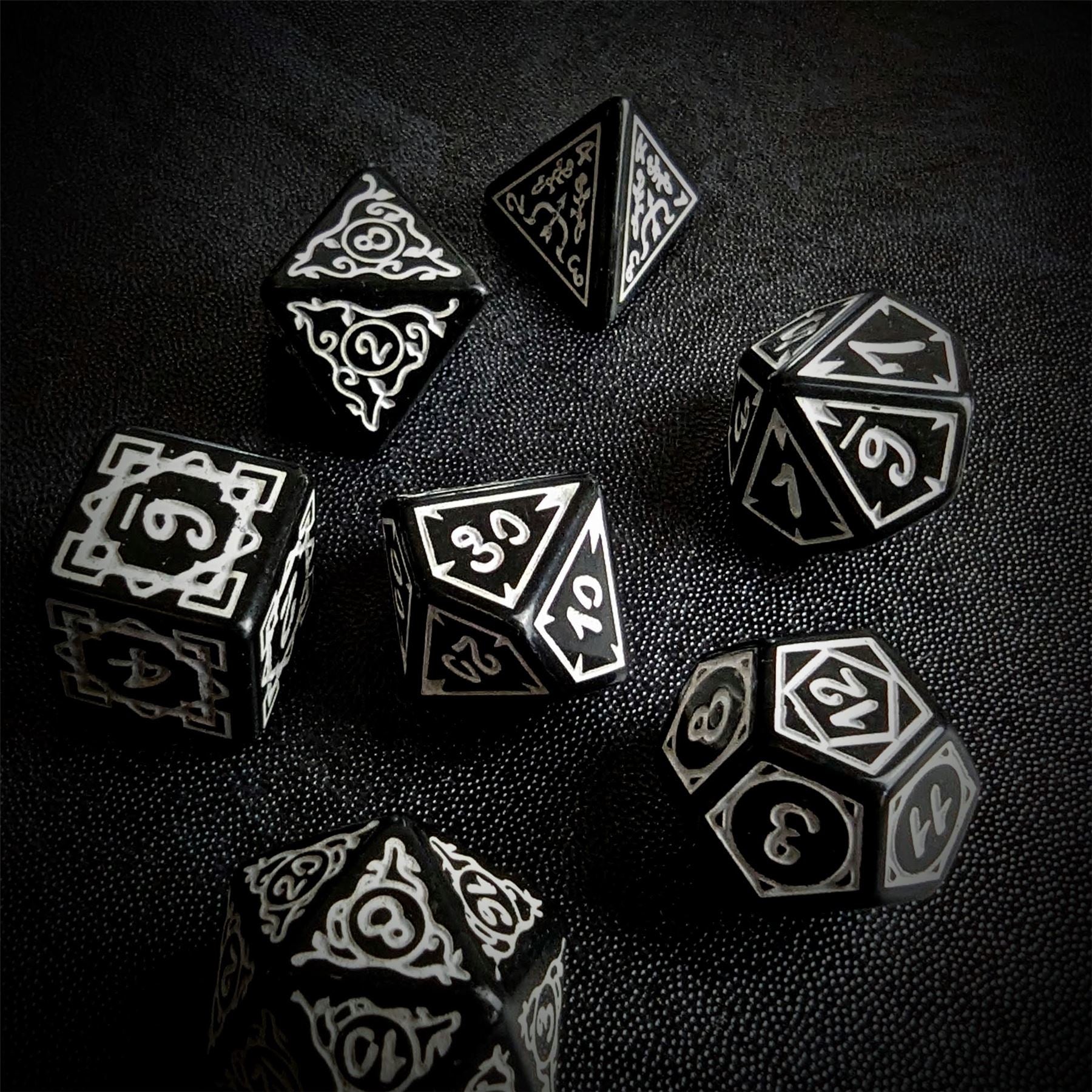 White Vines on Black Acrylic - 7pcs RPG Full Dice Set