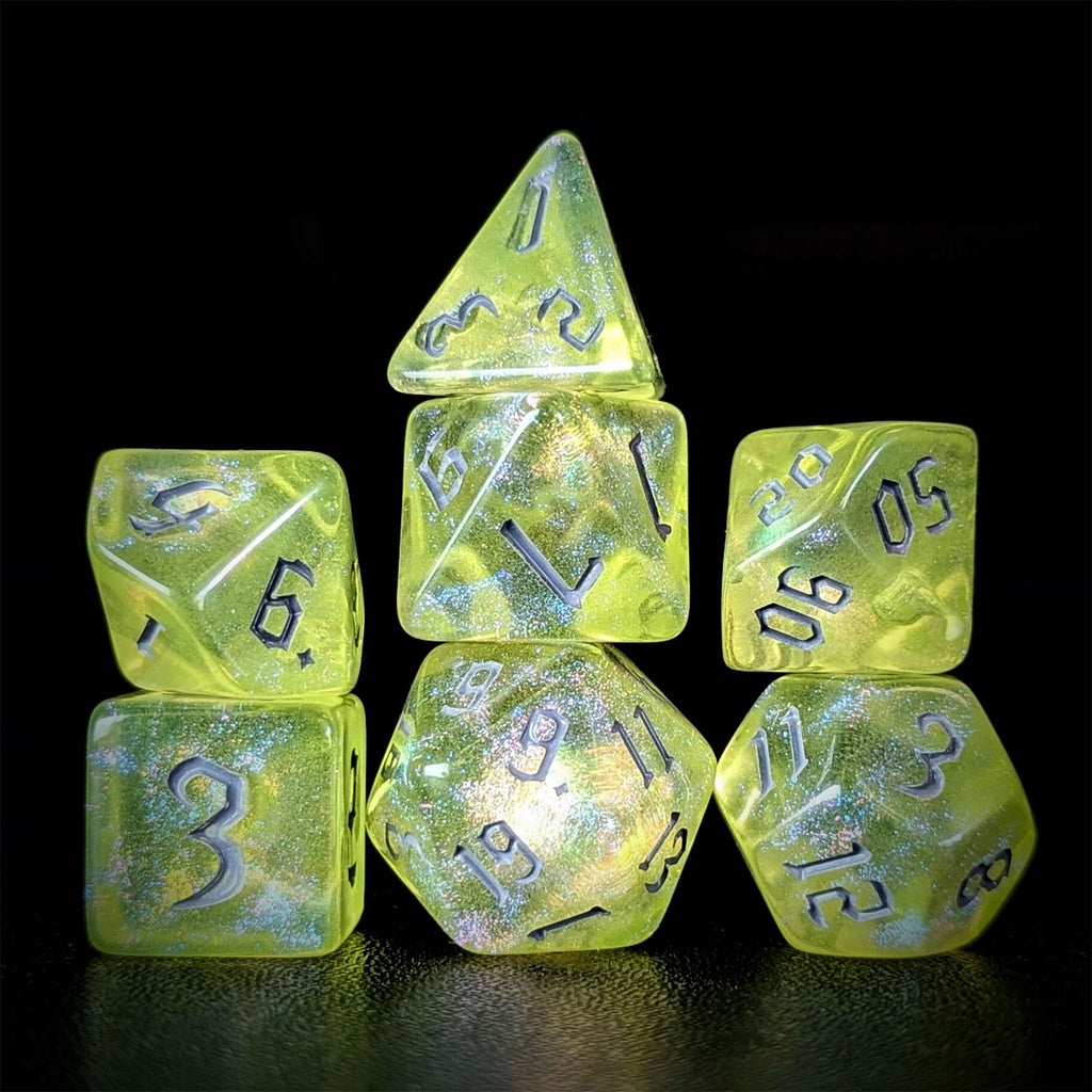 Glitter in Yellow Acrylic - 7pcs RPG Full Dice Set