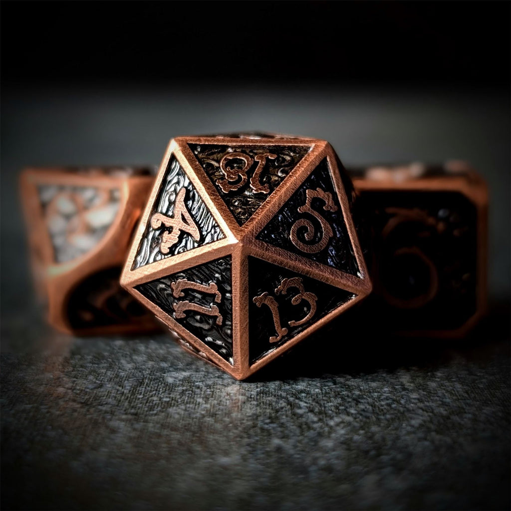Copper Metal with Dragon Font - 7pcs RPG Dice Set