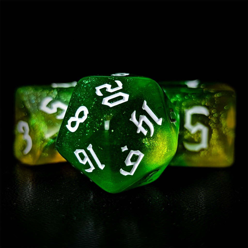 Glitter in Green & Yellow Acrylic - 7pcs RPG Full Dice Set