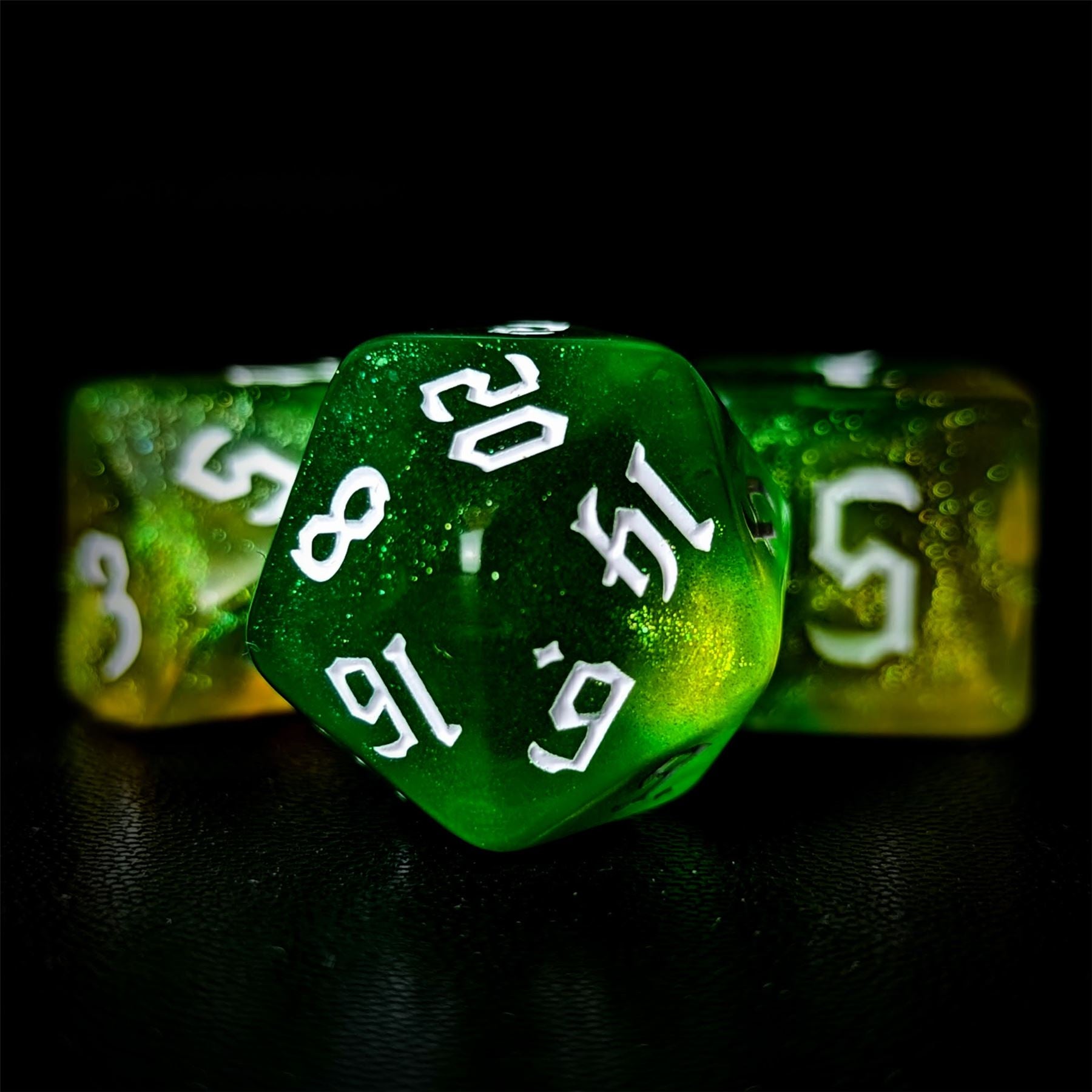 Glitter in Green & Yellow Acrylic - 7pcs RPG Full Dice Set