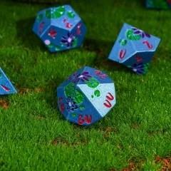 Purple Lotus Flower in Blue Metal - 7pcs RPG Dice Set