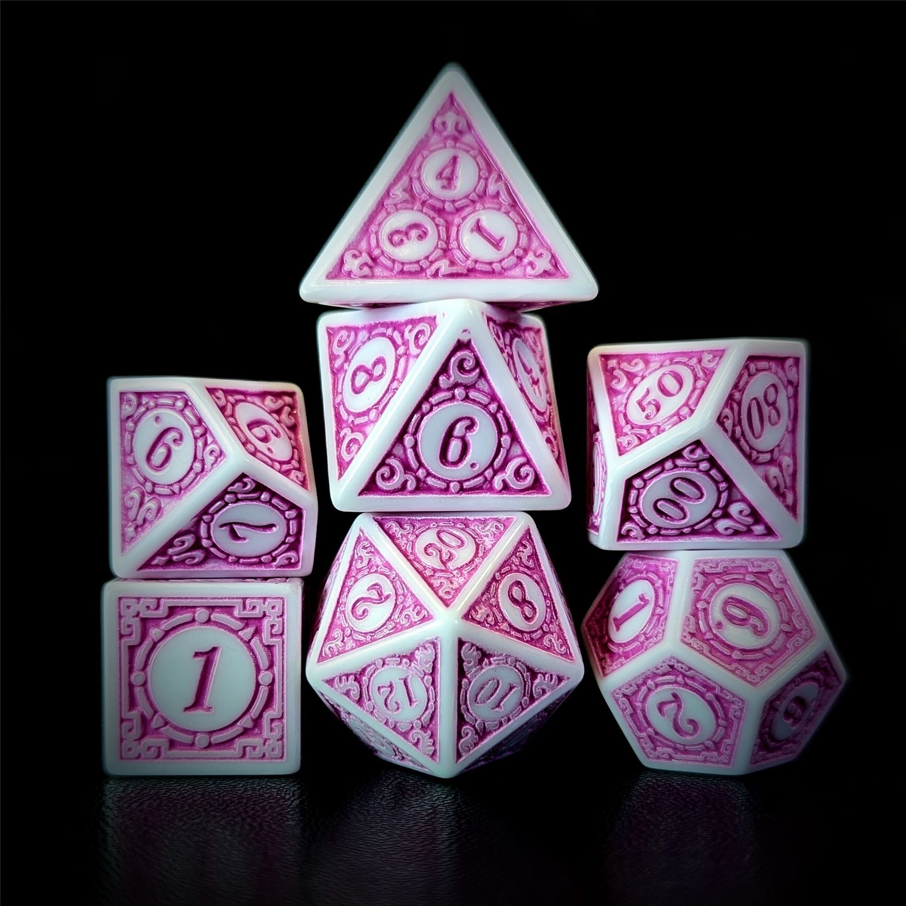 Pink Lattice on White Acrylic - 7pcs RPG Full Dice Set