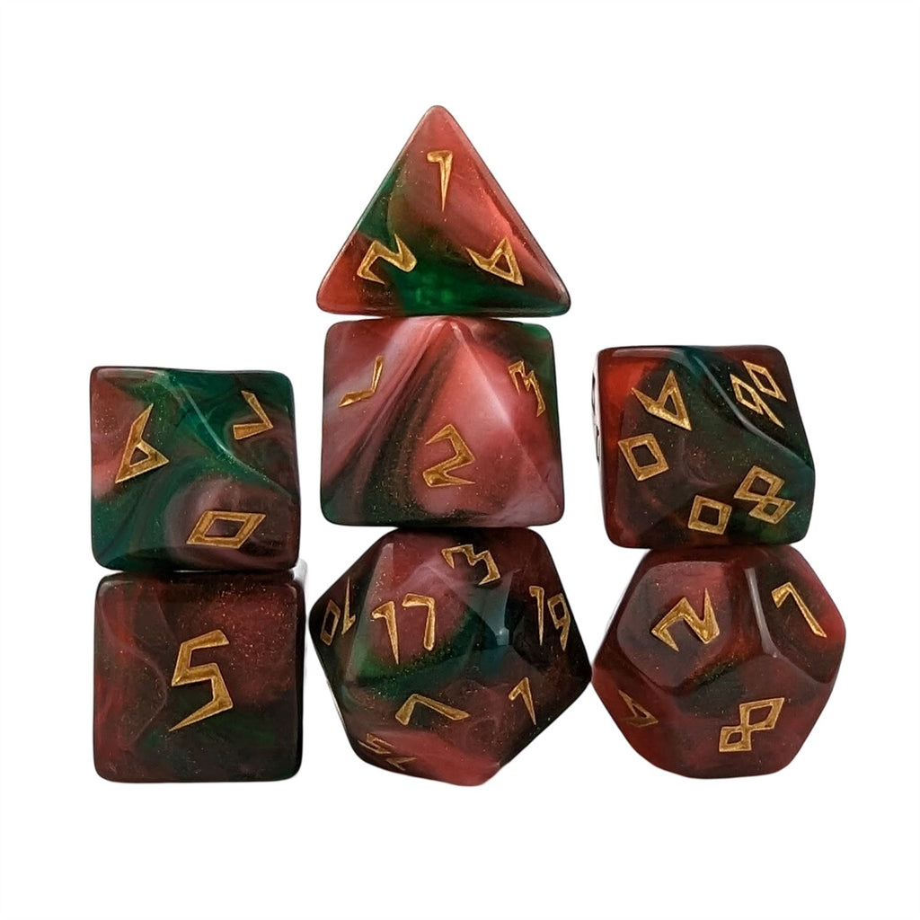 Glitter in Green & Red Acrylic - 7pcs RPG Full Dice Set