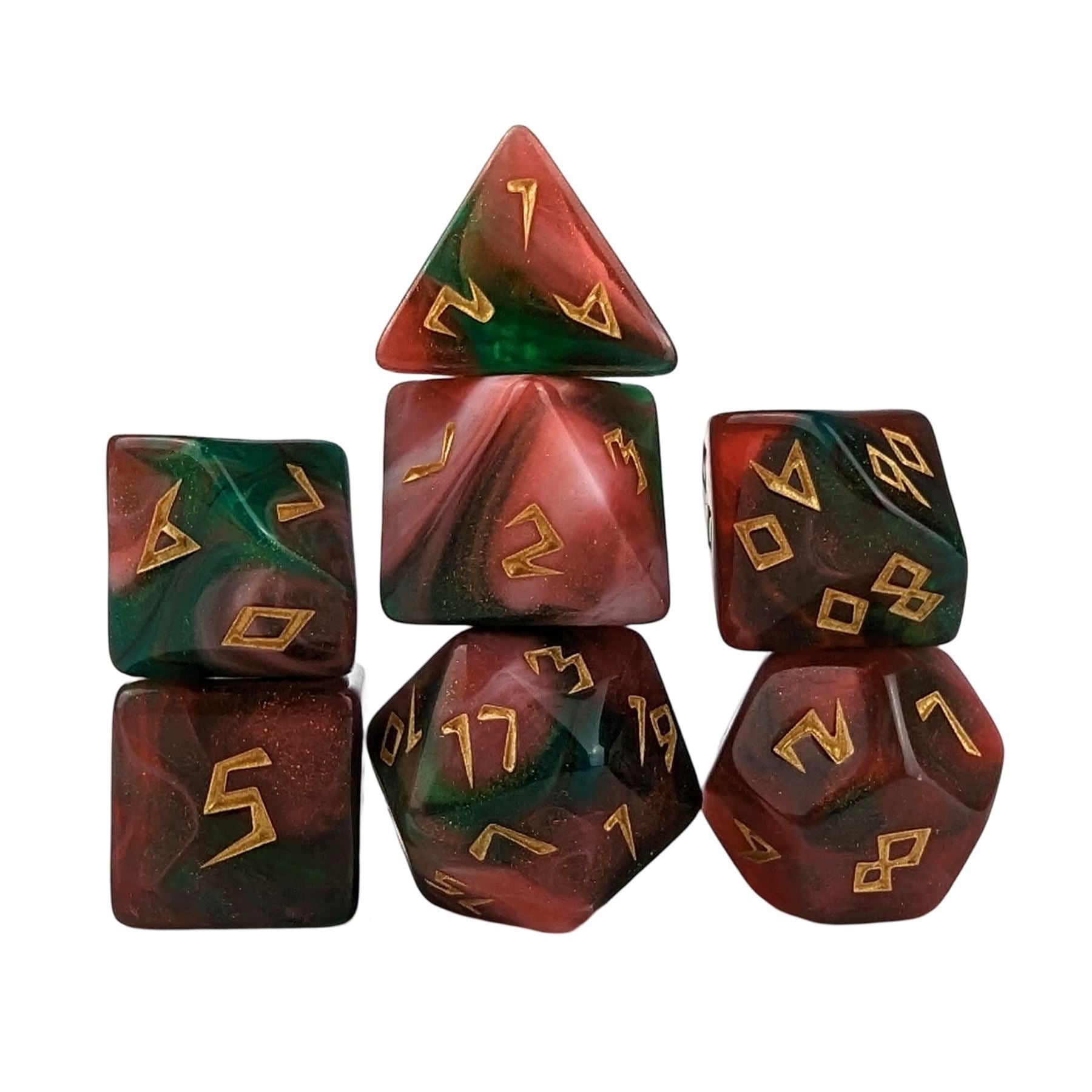 Glitter in Green & Red Acrylic - 7pcs RPG Full Dice Set