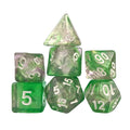 Glitter in Pink & Green in Clear Acrylic - 7pcs RPG Full Dice Set