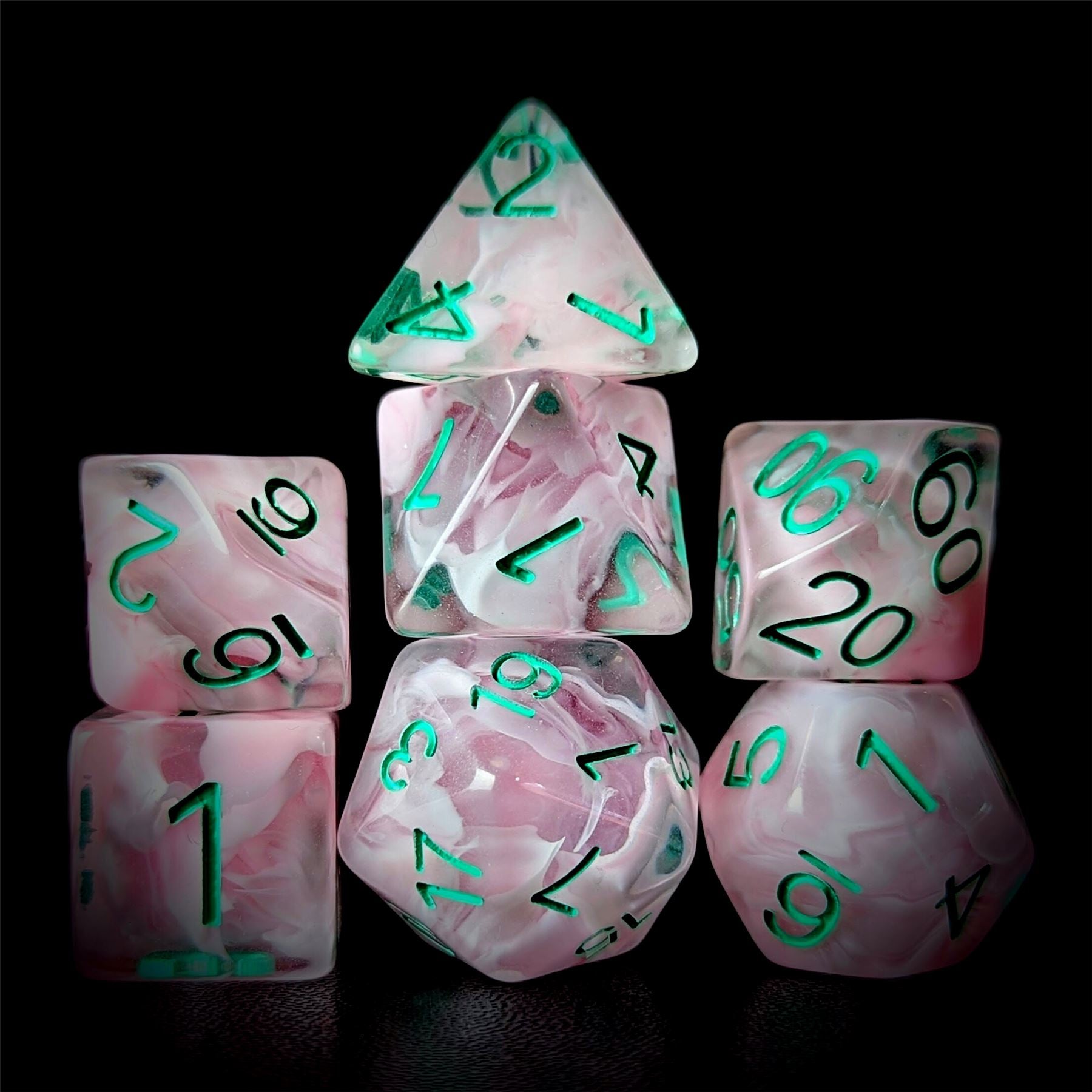 Pink Swirl in Clear Resin - 7pcs RPG Full Dice Set