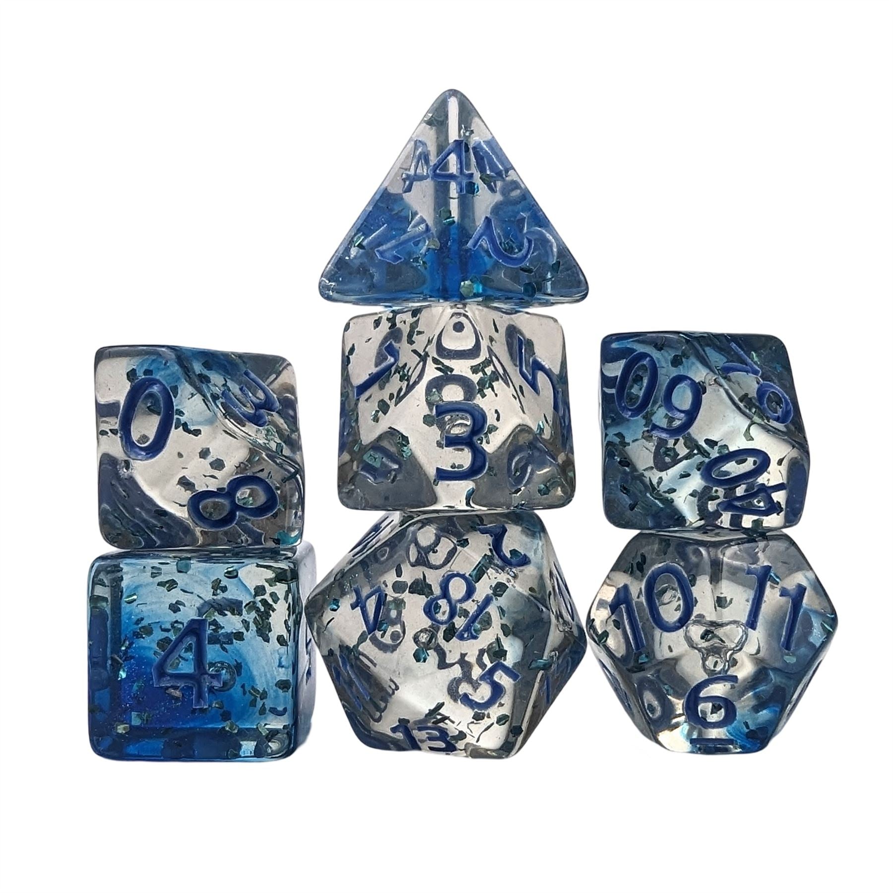 Glitter in Clear Blue Acrylic - 7pcs RPG Full Dice Set