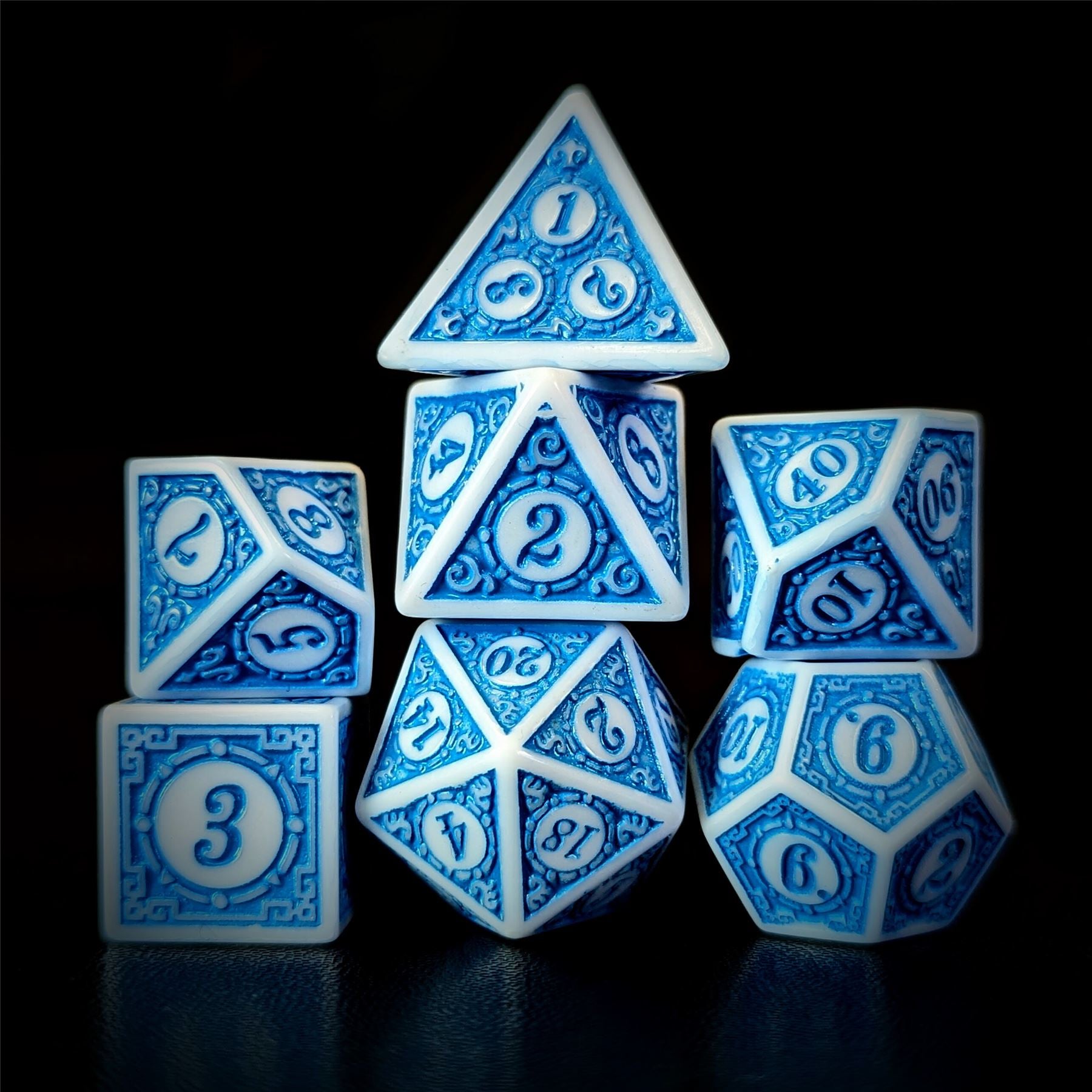 Blue Lattice on White Acrylic - 7pcs RPG Full Dice Set