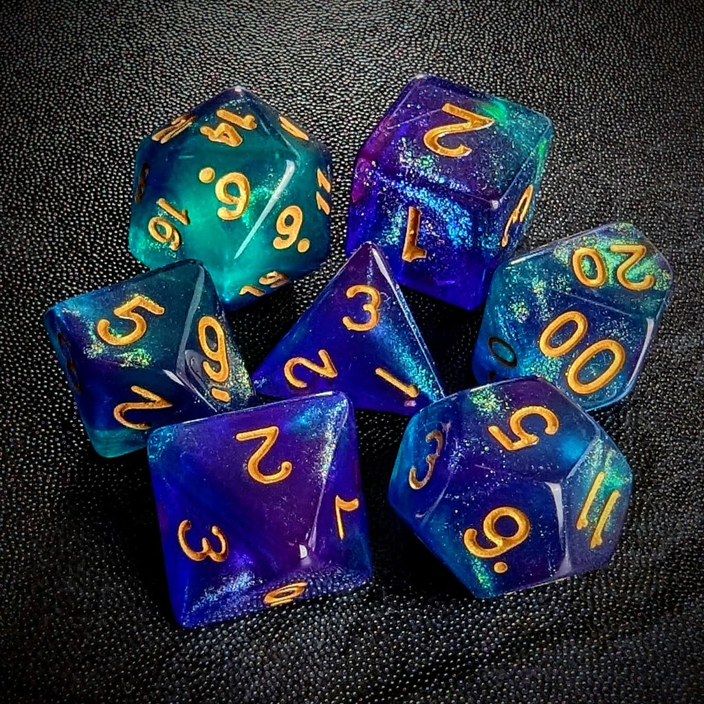 Glitter in Purple & Green Acrylic - 7pcs RPG Full Dice Set