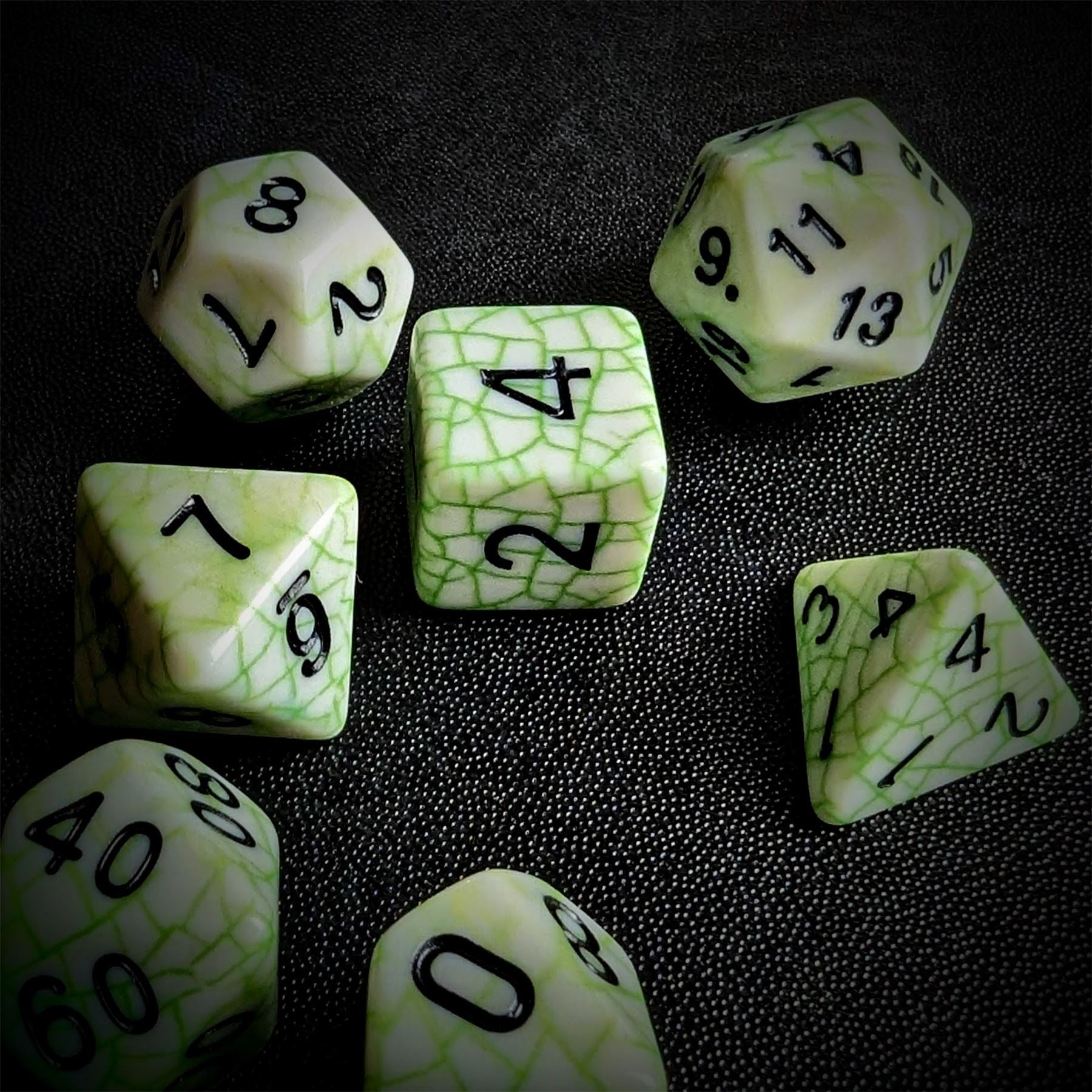 Cracked Green on White Acrylic - 7pcs RPG Full Dice Set