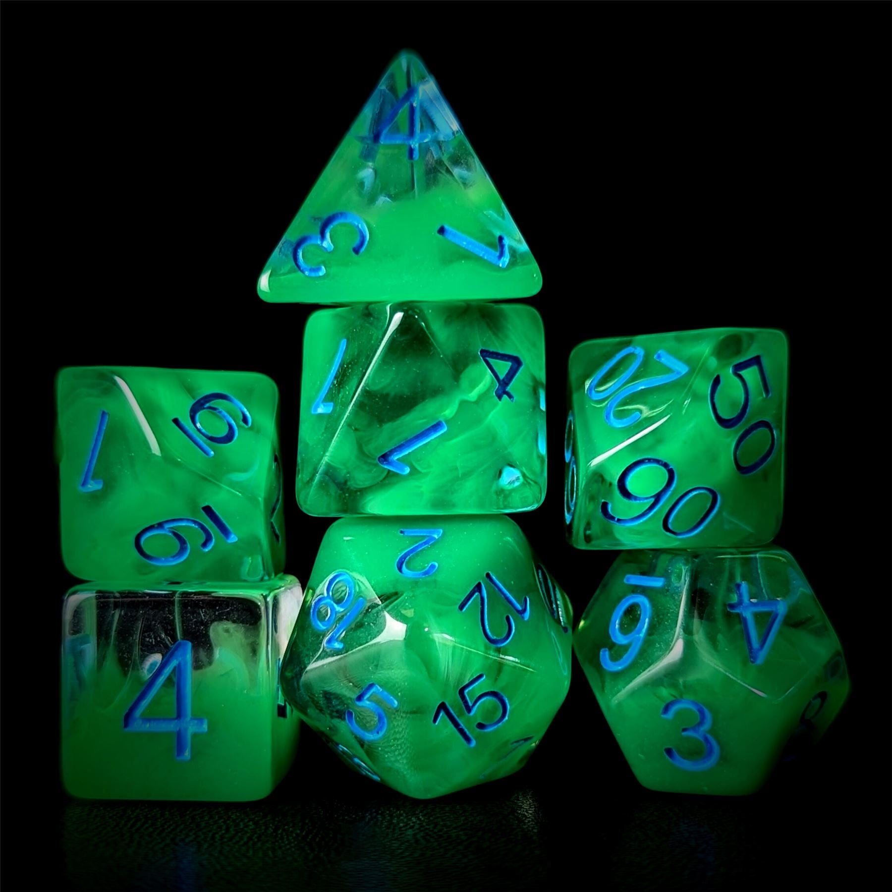 Green Swirl in Clear Resin - 7pcs RPG Full Dice Set