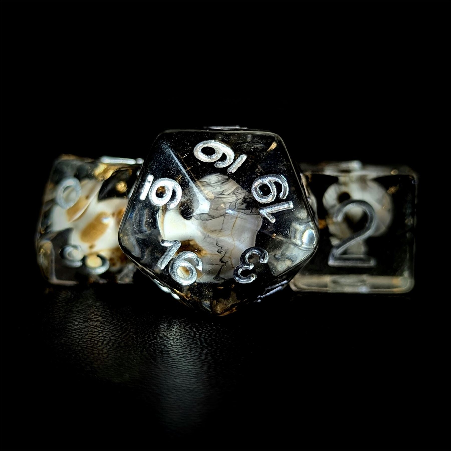 Skull with Gold Foil in Black & Clear Resin - 7pcs RPG Full Dice Set