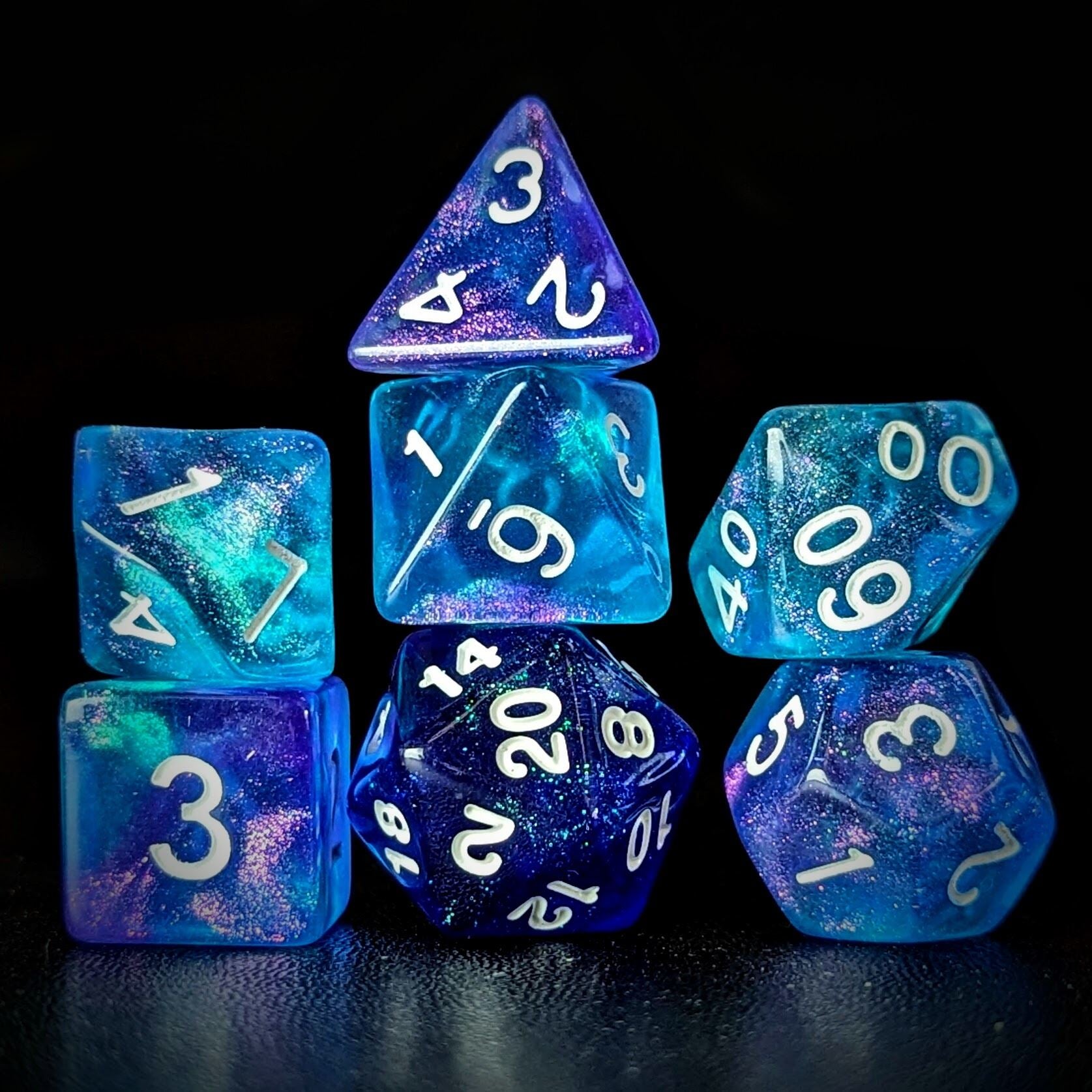 Glitter in Blue & Cyan Acrylic - 7pcs RPG Full Dice Set