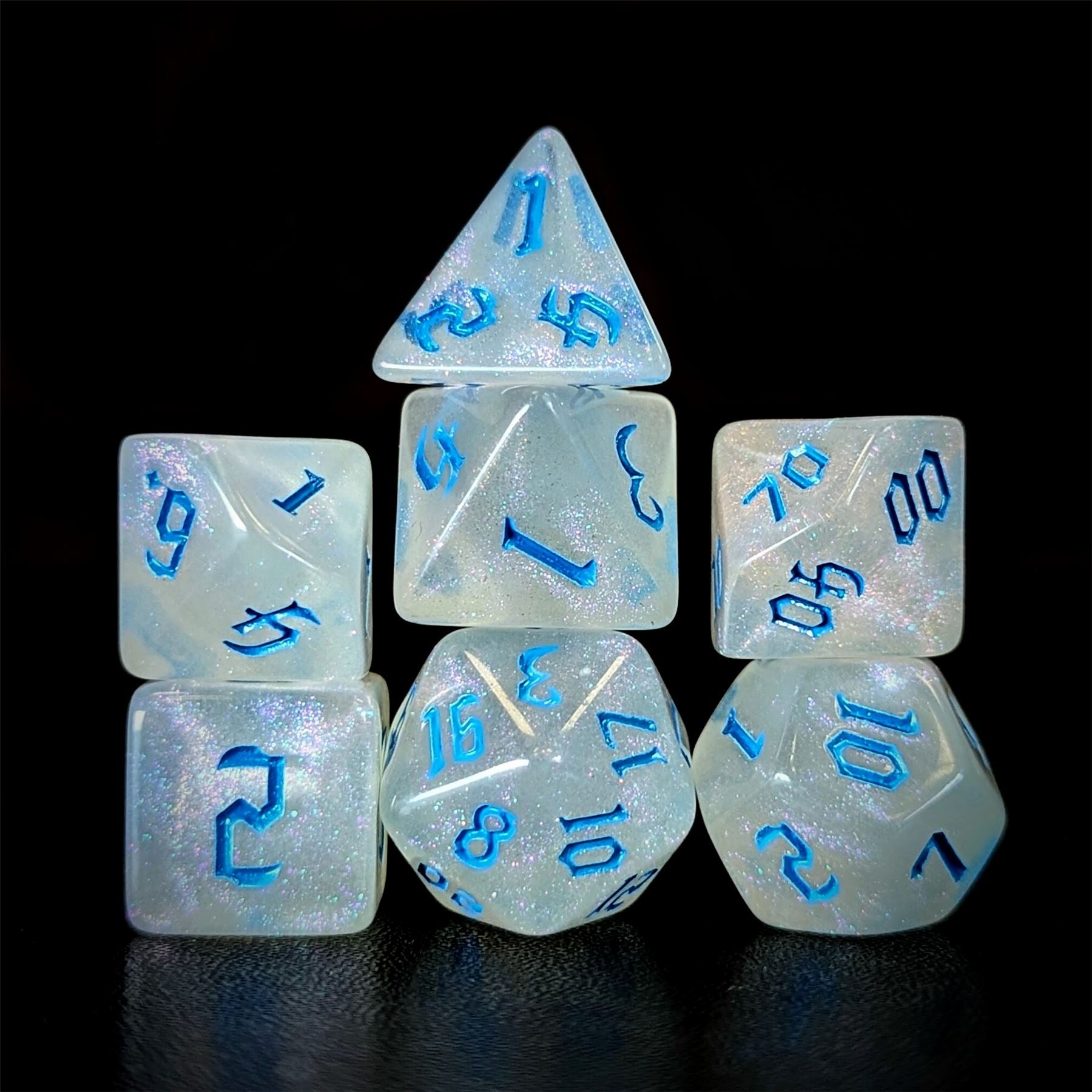 Glitter in White Acrylic with Blue Font - 7pcs RPG Full Dice Set