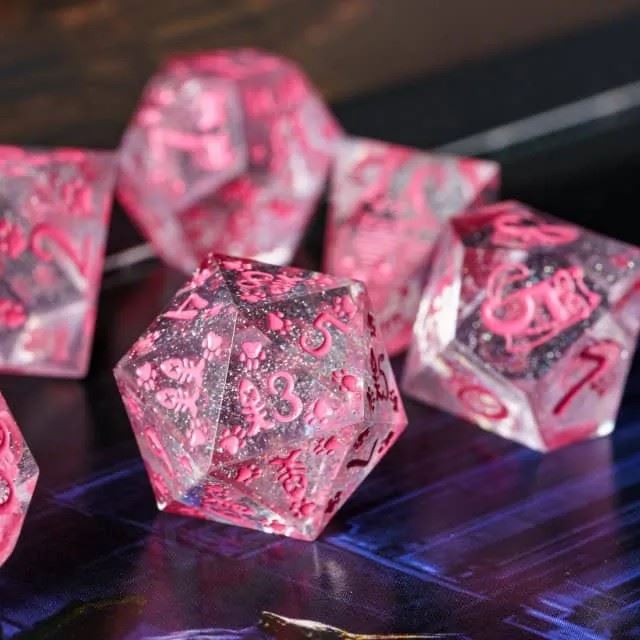 Cats on Pink with Candy Sharp Resin - 7pcs RPG Dice Set