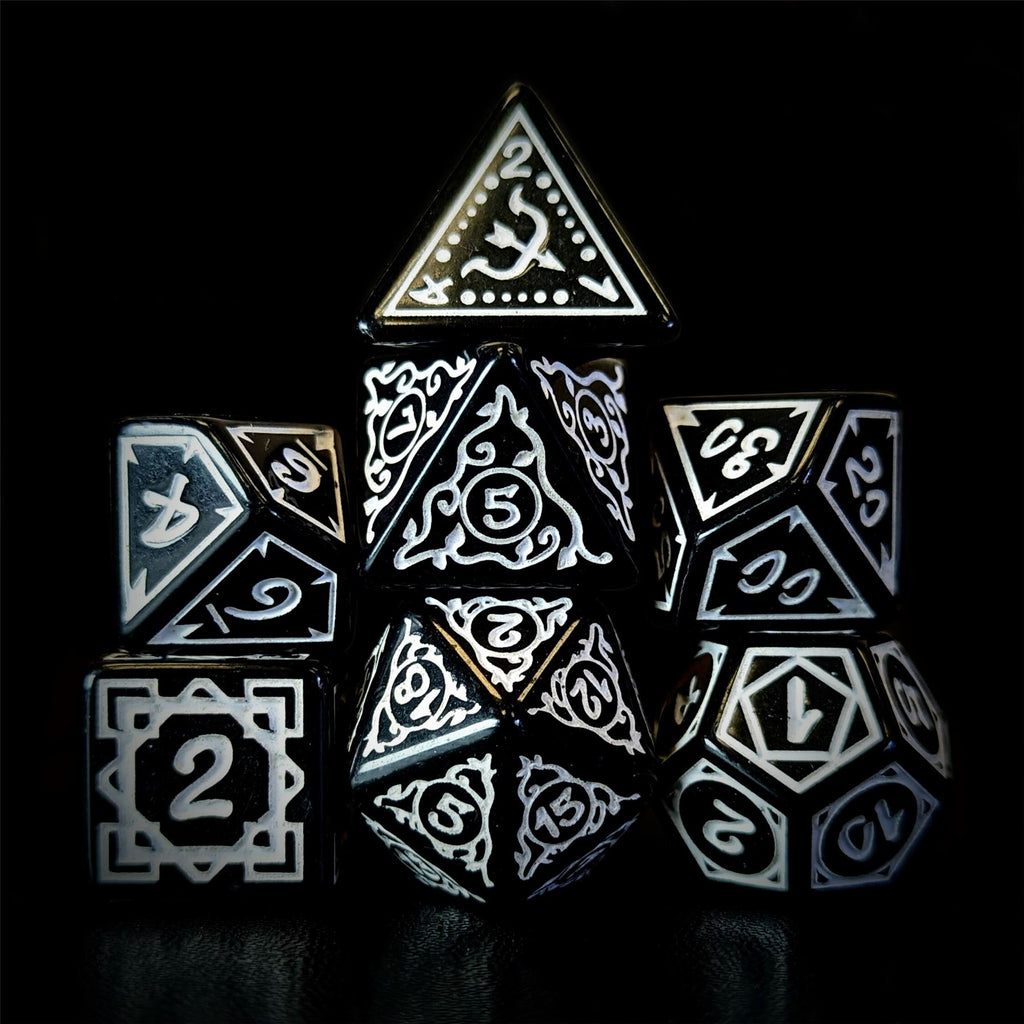 White Vines on Black Acrylic - 7pcs RPG Full Dice Set