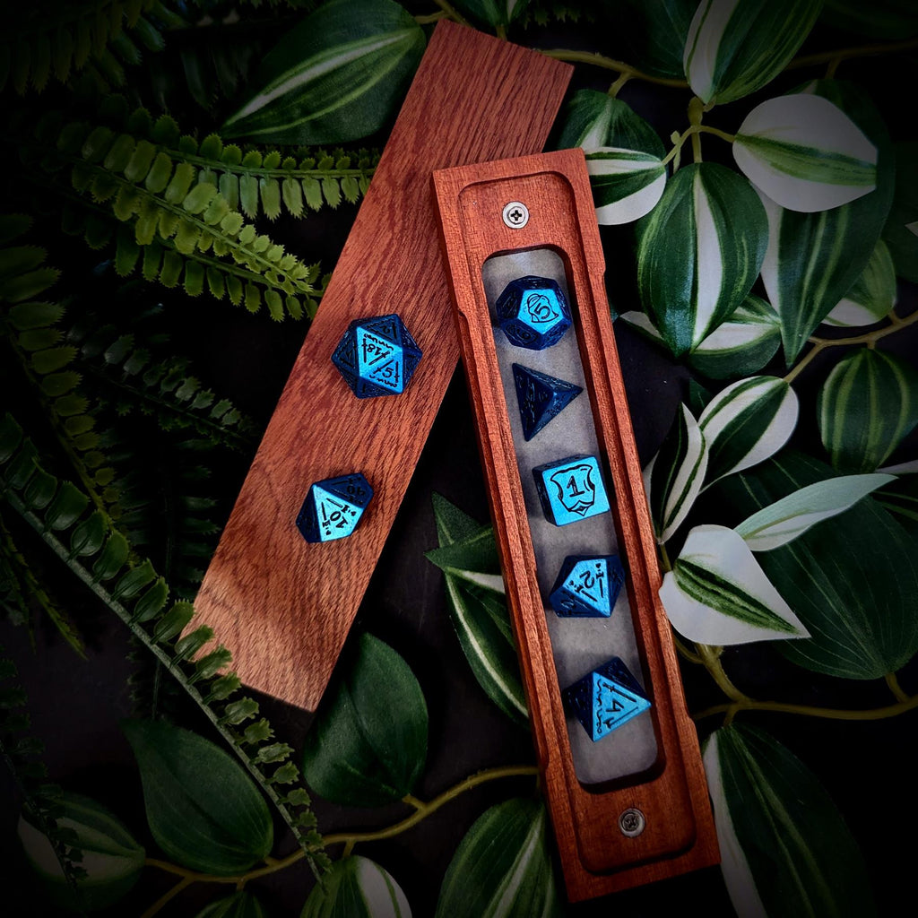 7pcs RPG Full Dice Set - Black Pattern on Blue Resin
