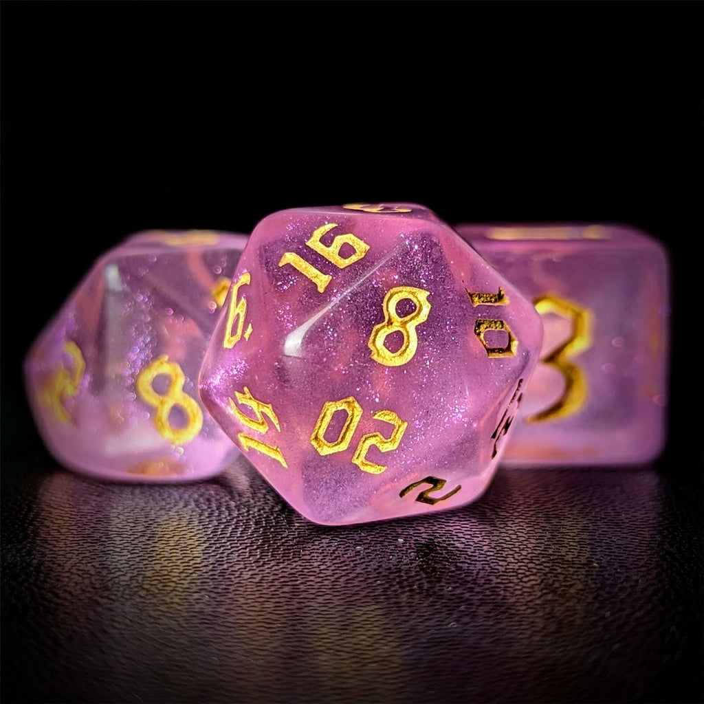 Glitter in Clear Pink Acrylic - 7pcs RPG Full Dice Set