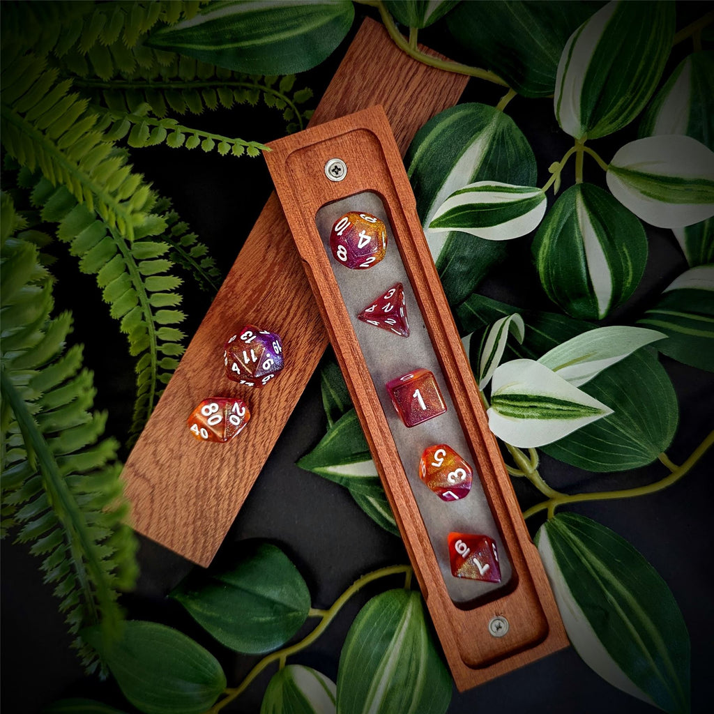Glitter in Orange & Pink Acrylic - 7pcs RPG Full Dice Set
