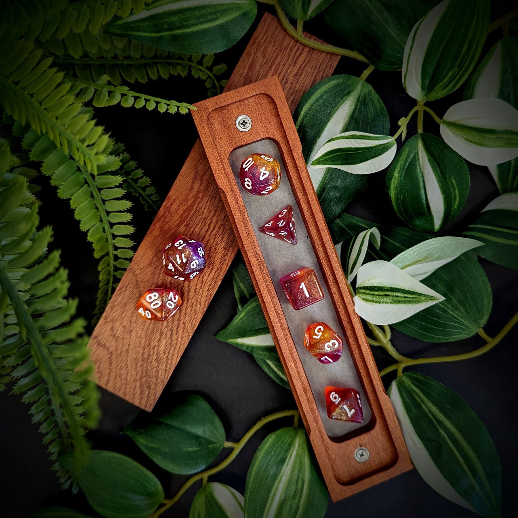 Glitter in Orange & Pink Acrylic - 7pcs RPG Full Dice Set