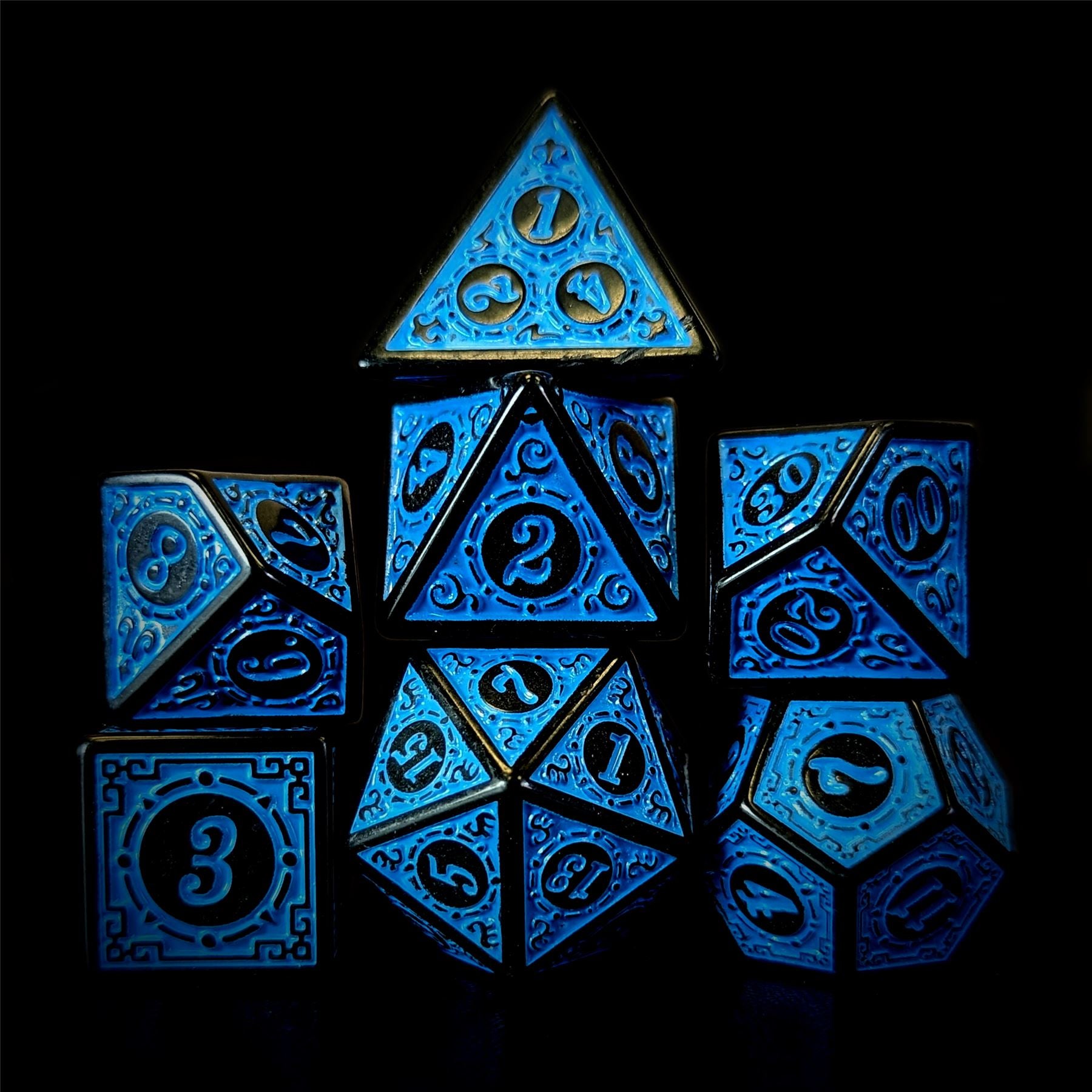 Blue Lattice on Black Acrylic - 7pcs RPG Full Dice Set