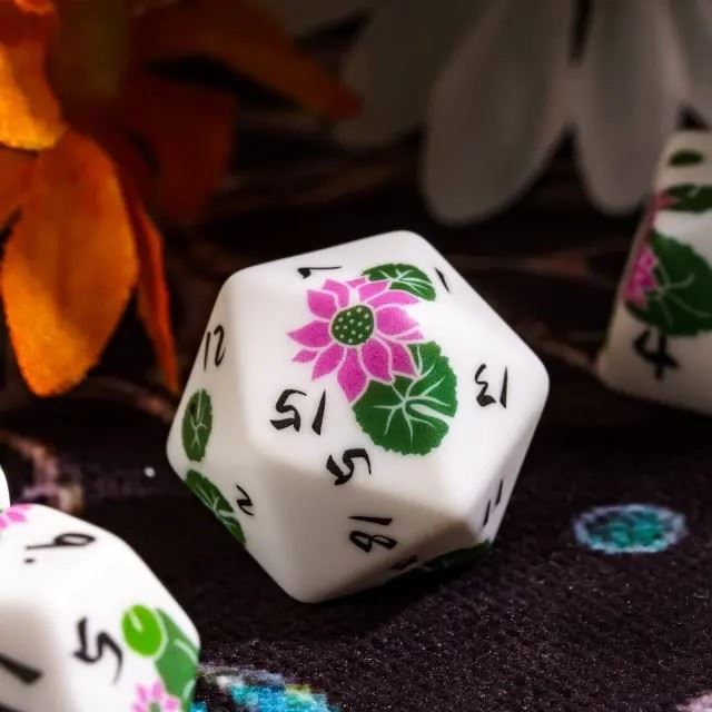 Handmande Pink Flowers on White Resin -  7pcs RPG Dice Set