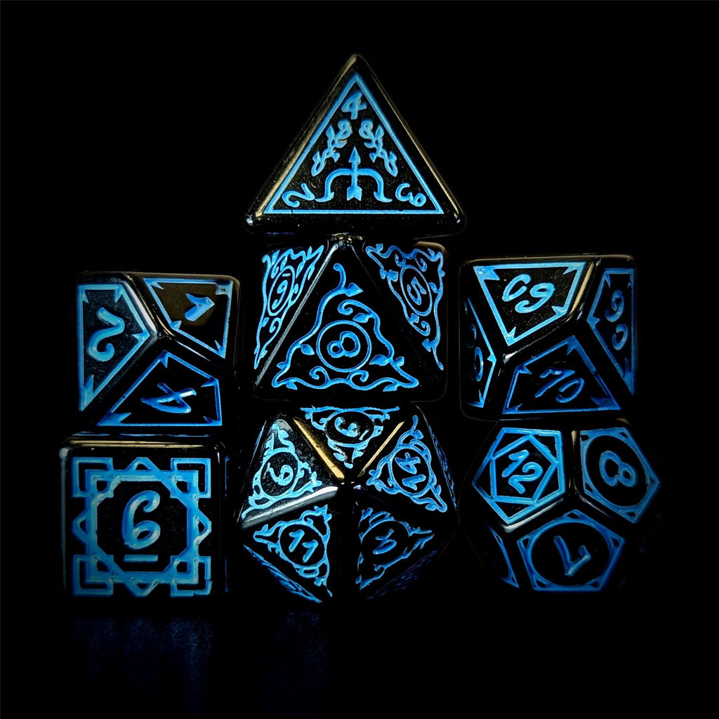 Blue Vines on Black Acrylic - 7pcs RPG Full Dice Set